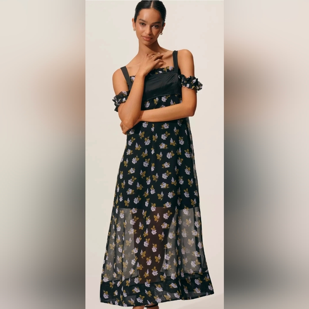 Anthropologie Black Floral Sheer Floral Midi Dress